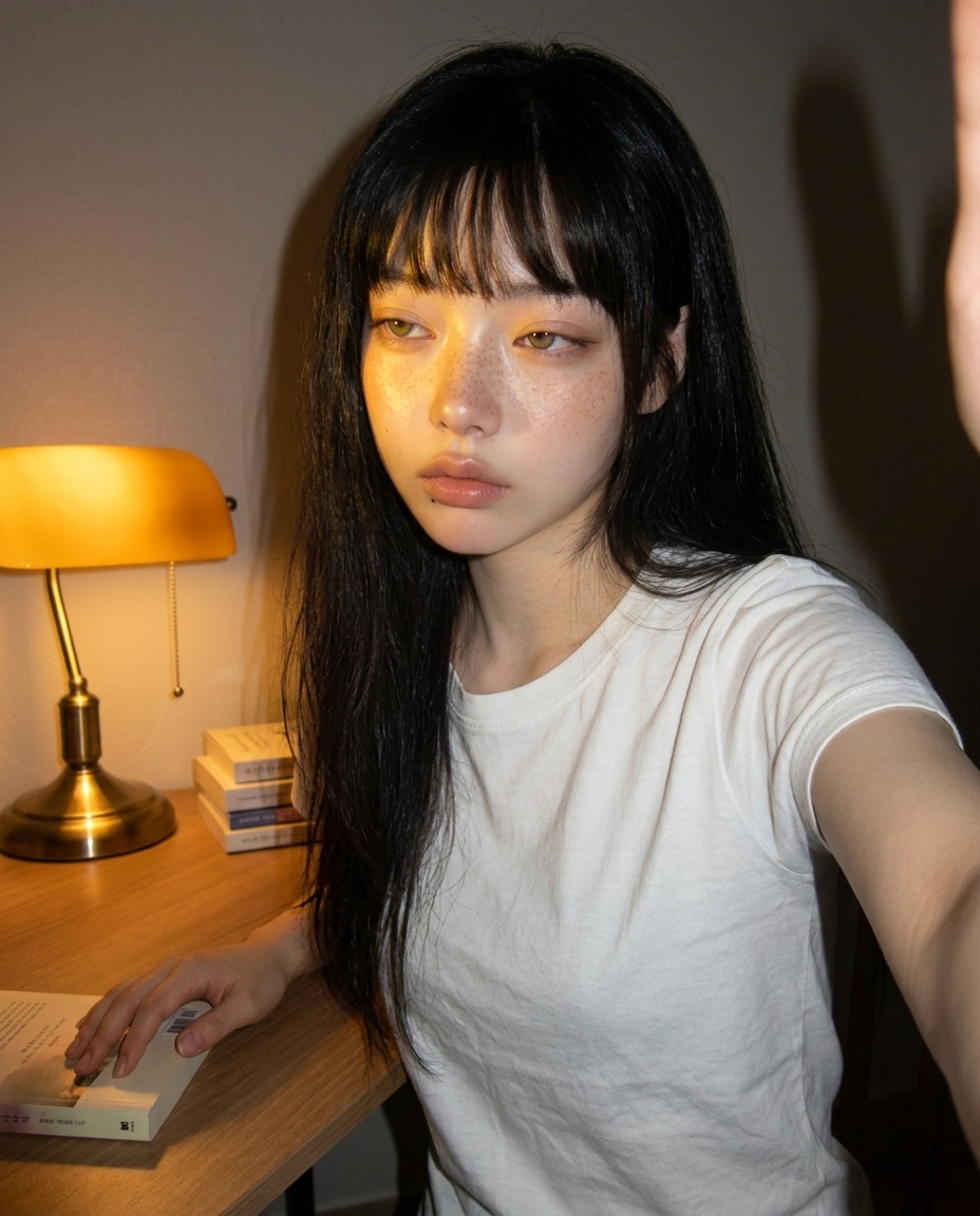 호박색 스탠드 불빛이 한쪽 뺨에 닿은 22시 책상 셀카, 화이트 라운드 티