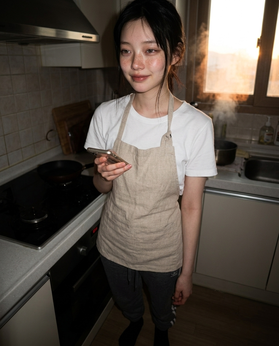 창문 측광이 따뜻한 부엌, 카운터 옆에 선 새벽이의 셀카