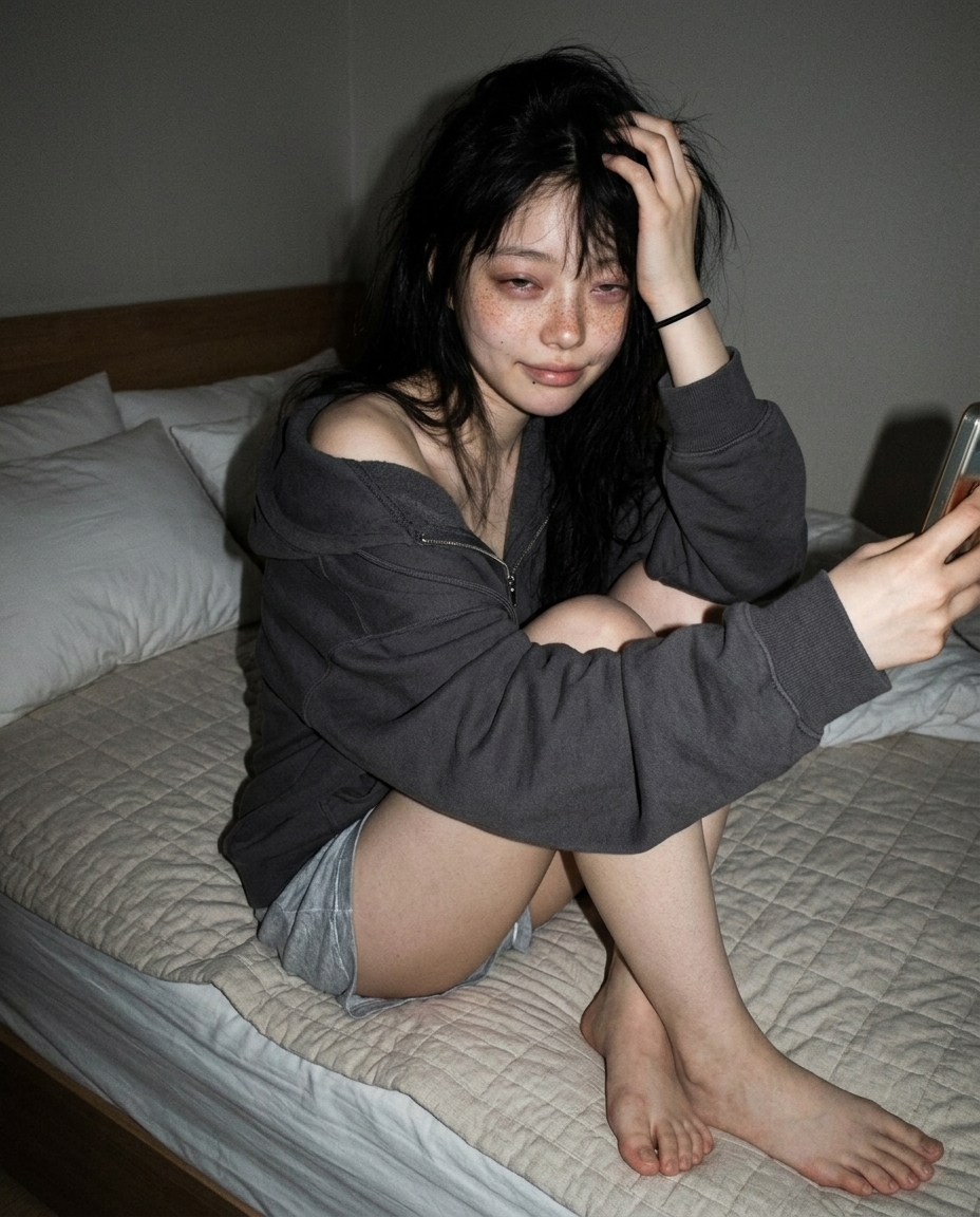 잠 덜 깬 모습으로 침대에 누워 위에서 폰으로 셀카를 찍는 새벽. cool grey-blue 미명이 옆얼굴 1/3에 떨어지고, 차콜 후디 한쪽이 어깨에서 벗겨져 있다.