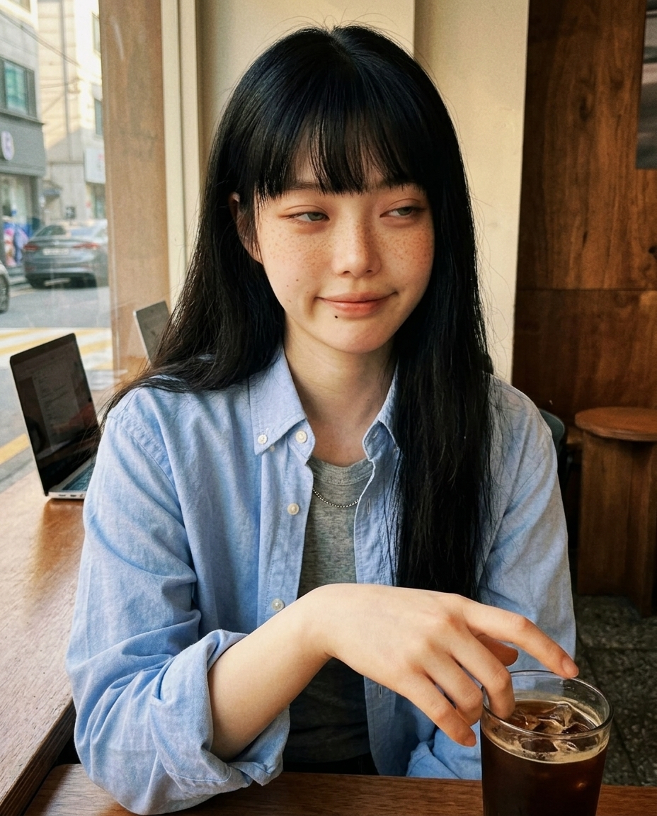 카페 창가 자리에서 셔츠 차림으로 아이스 아메리카노 옆에서 카메라 응시한 어깨 위 셀카