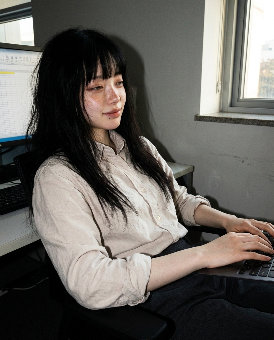 오후 2시 책상 앞 의자에 비스듬히 기대 앉아 키보드 위에 멈춘 손, 가로로 든 햇빛이 얼굴 절반에만 닿은 모습