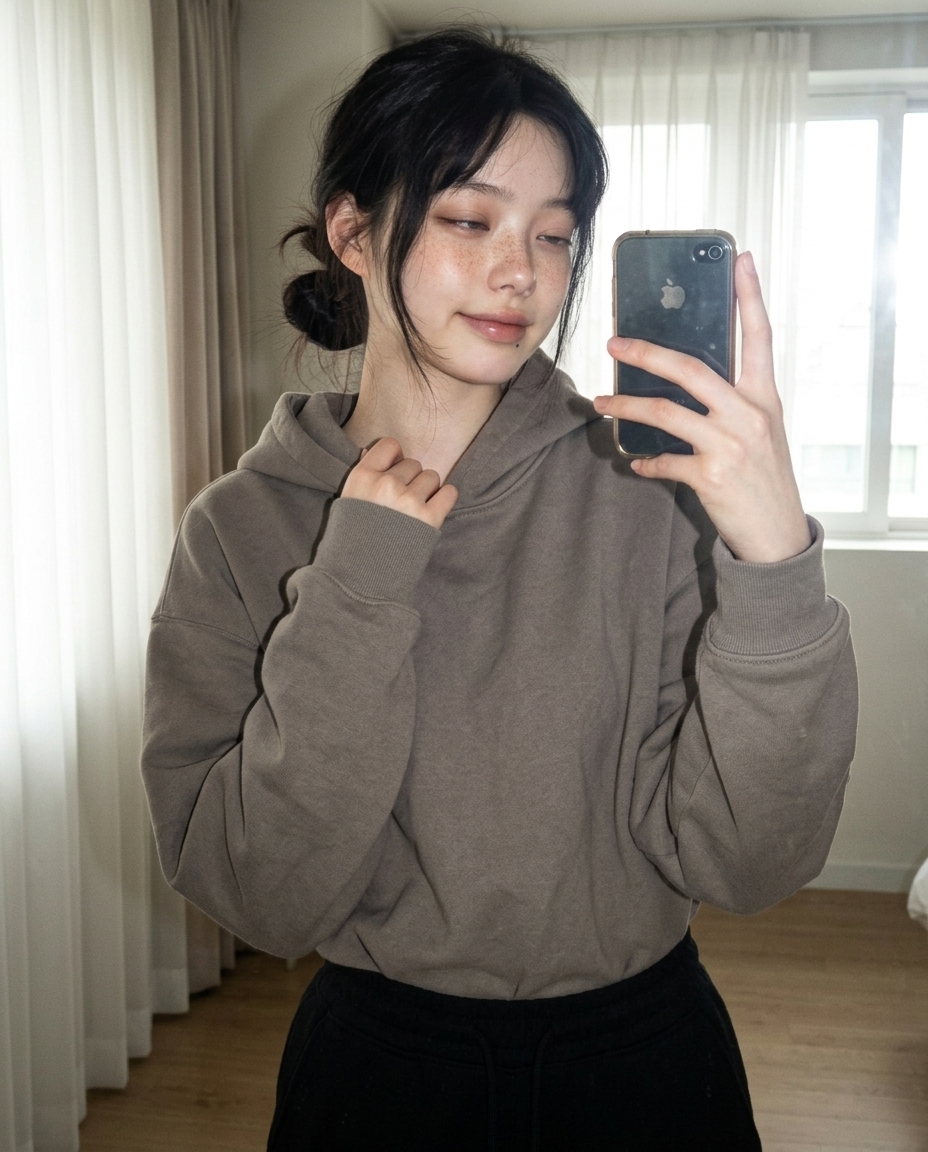 회색 후디 입고 라탄 의자에 앉아 있는 새벽이의 일요일 오전 10시 셀카