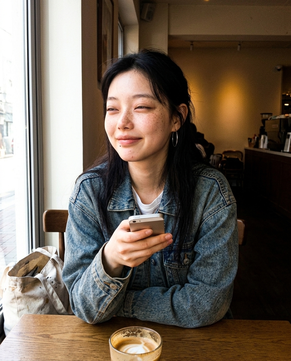 오버사이즈 데님 자켓에 흰 티 입은 새벽이가 동네 카페 창가 자리에서 라떼 잔을 옆에 두고 셀카를 찍는 모습. 햇살이 창에서 들어오는 따뜻한 톤