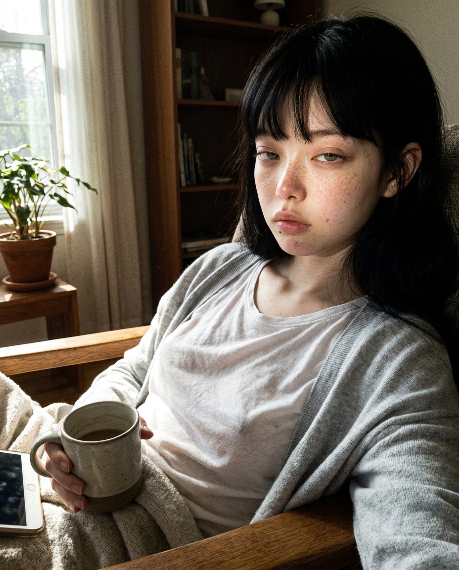거실 1인 의자에 깊이 등 기대 앉은 새벽, 무릎 위 베이지 담요, 한 손에 머그, 셀카, 오후 자연광