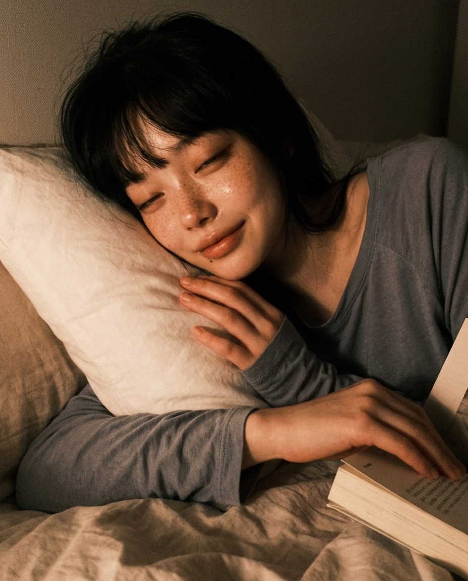 무드등 하나 켜진 어두운 방, 침대 가장자리에 비스듬히 기댄 새벽이의 얼굴 클로즈업, 거의 감긴 눈