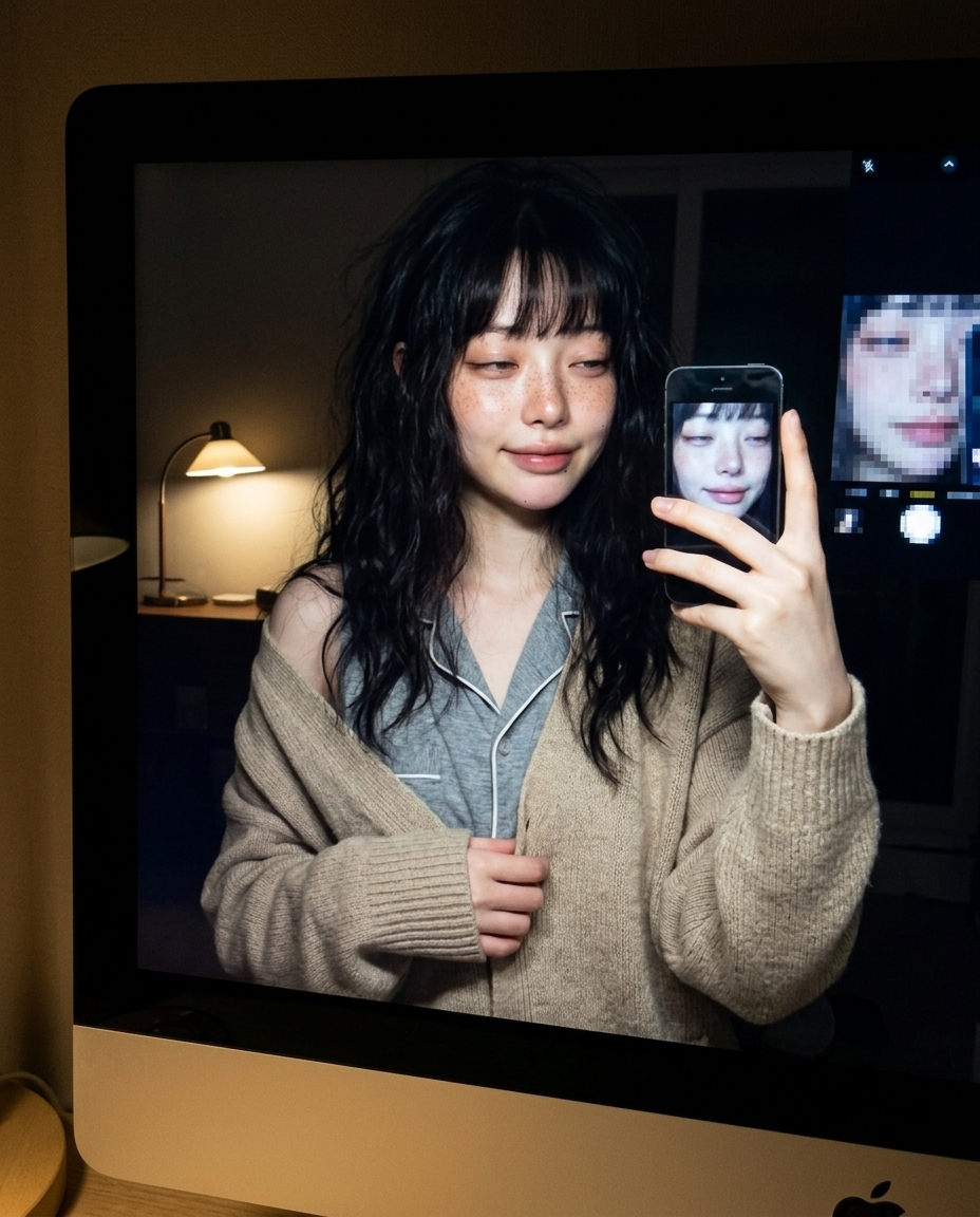 saebyeok 일요일 자정 책상 꺼진 모니터 검은 화면 반사 셀카 무드등 단일 광원 잠옷 카디건 chest-up