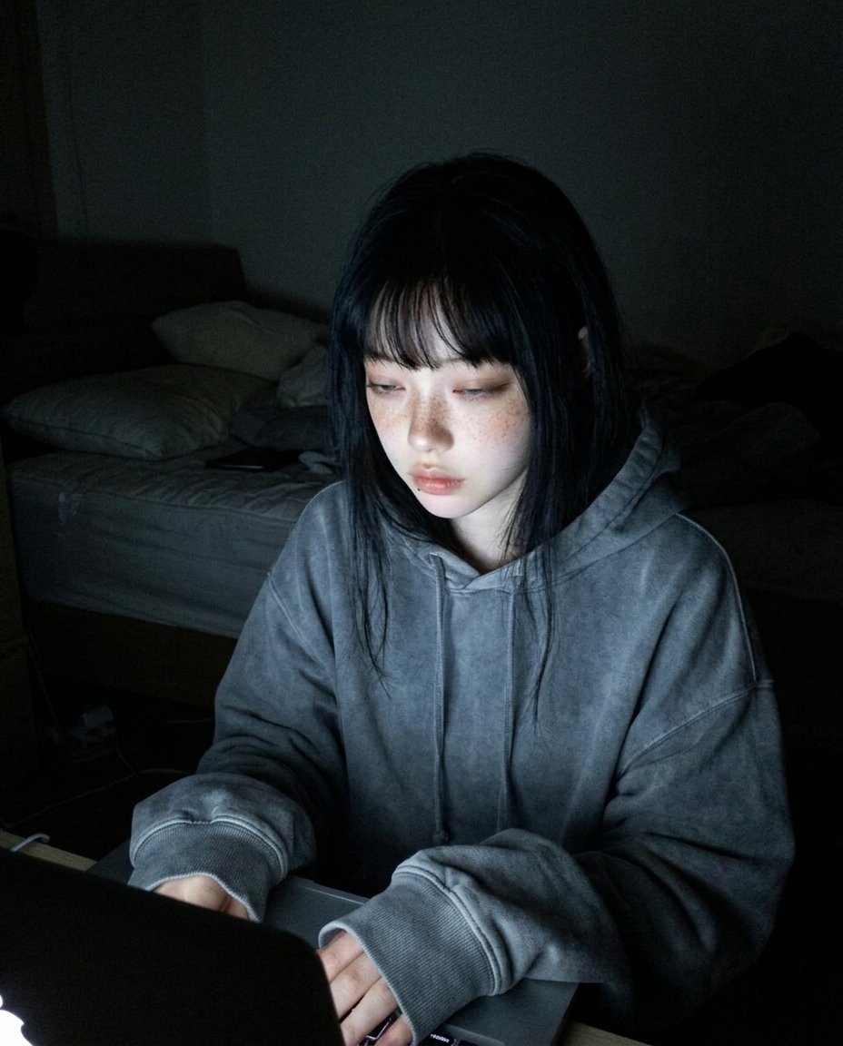 어두운 침실 침대 위 책상다리로 앉아 무릎 위 노트북 모니터 푸른 빛만 단일 광원으로 받는 새벽이 셀카, 후드, 반쯤 감긴 눈