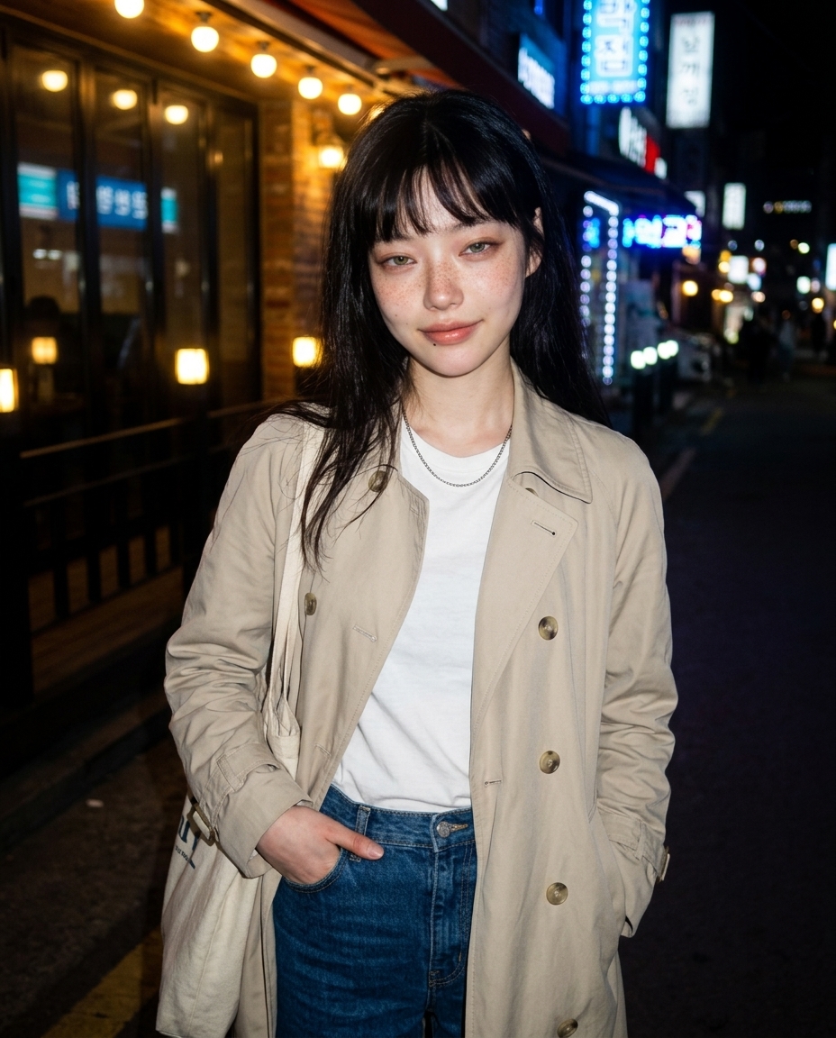 밤 골목에 선 새벽이, 베이지 트렌치코트, 네온 간판 빛이 옆얼굴에 닿는 셀카