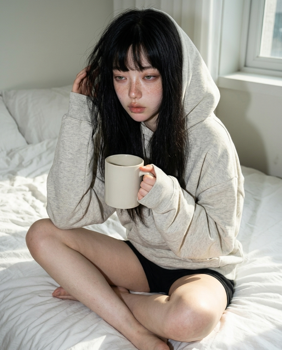 졸린 눈, 헝클어진 머리, 헐렁한 회색 후드, 침대 위 책상다리 자세, 머그컵, 봄 아침빛