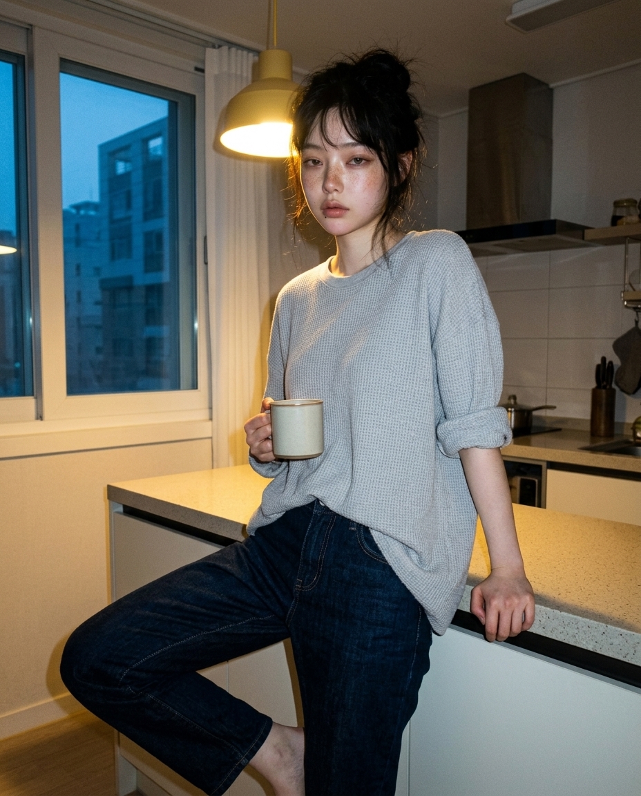월요일 저녁 6시 부엌 카운터에 비스듬히 기대선 새벽이 셀카, 회색 오버사이즈 와플 니트, 식어가는 머그를 한 손에, 창밖은 푸른 황혼 실내는 펜던트 노란빛