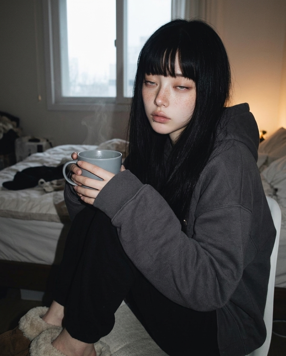 베란다 의자에 앉아 머그를 두 손으로 감싼 새벽이, 동쪽 하늘 살구색