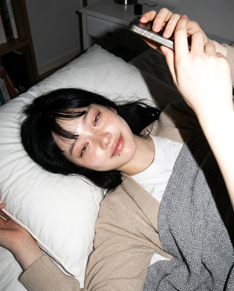 saebyeoknesi lying on her side in bed at 8pm Saturday, holding a phone up for a selfie, warm yellow mood lamp from the right, gray knit blanket pulled up to shoulders over a beige cardigan, sleepy half-smile, drooping eyelids, freckles catching the lamp light, book and nightstand softly blurred in the background