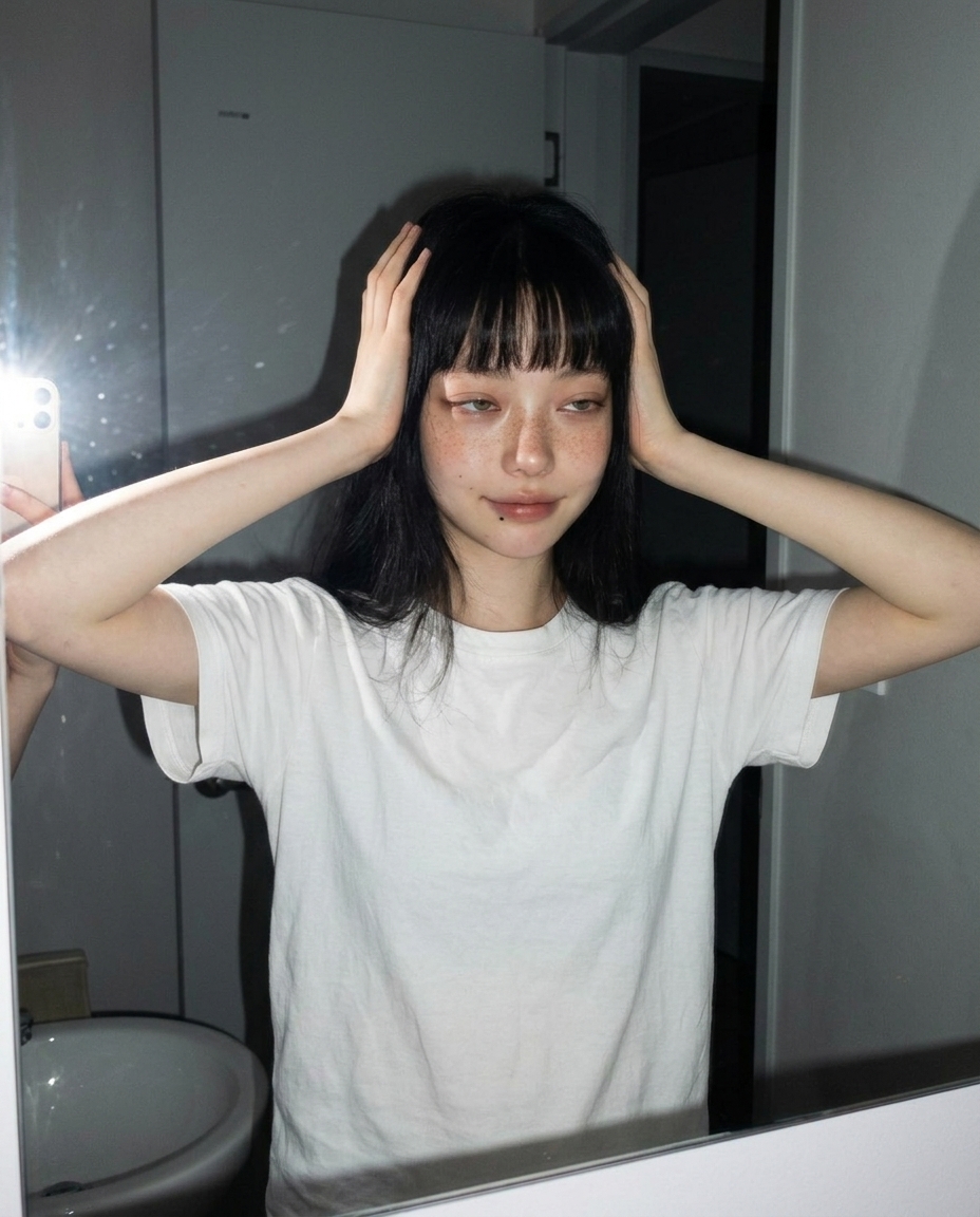 04시 욕실 거울 셀카, 흰 티셔츠, 머리 묶다 멈춘 정지 동작, 펜던트 단일 광원