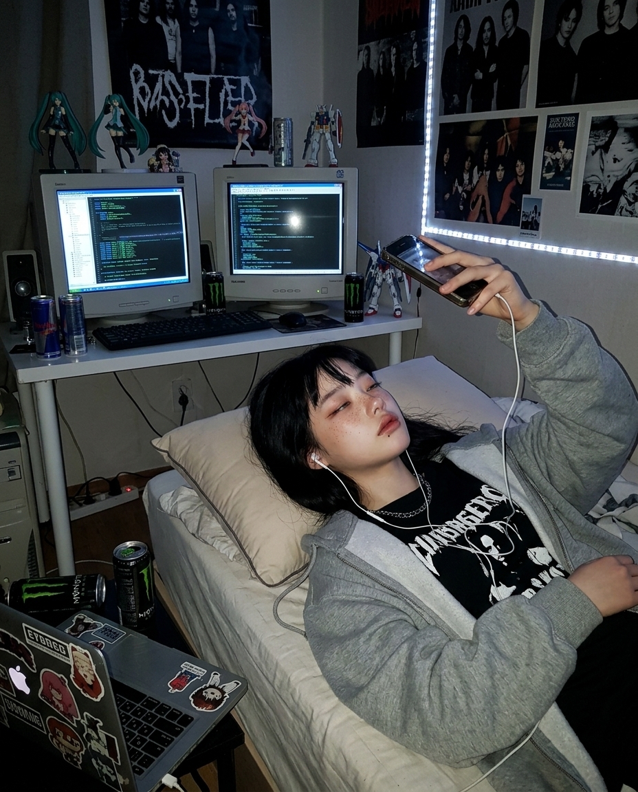 Saebyeok lying on a bed at night, holding her phone above her face, dim warm light.