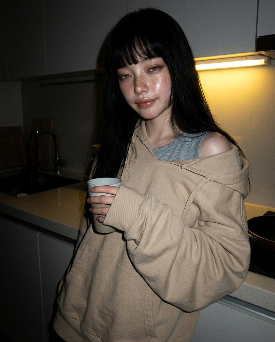 베이지 후디 잠옷의 새벽이가 어둑한 부엌 카운터 옆에 비스듬히 기대 한 손으로 물컵을 쥐고 졸린 눈으로 셀카를 찍는 사진. 위에서 노란 펜던트 빛 단일등이 어깨까지 떨어진다.