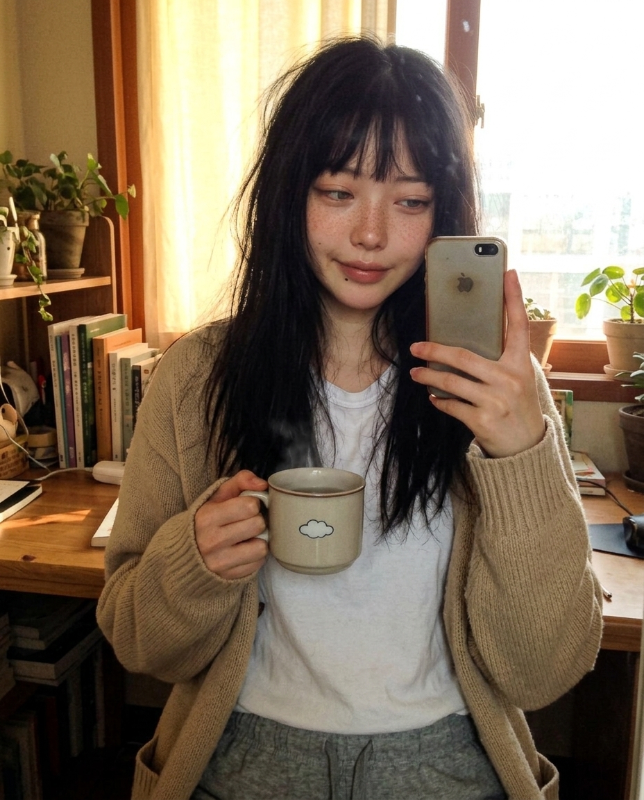 베이지 카디건을 입고 책상 앞에서 머그컵을 든 채 졸린 미소를 짓는 셀카. 햇살이 옆얼굴에 닿는 따뜻한 노란빛.