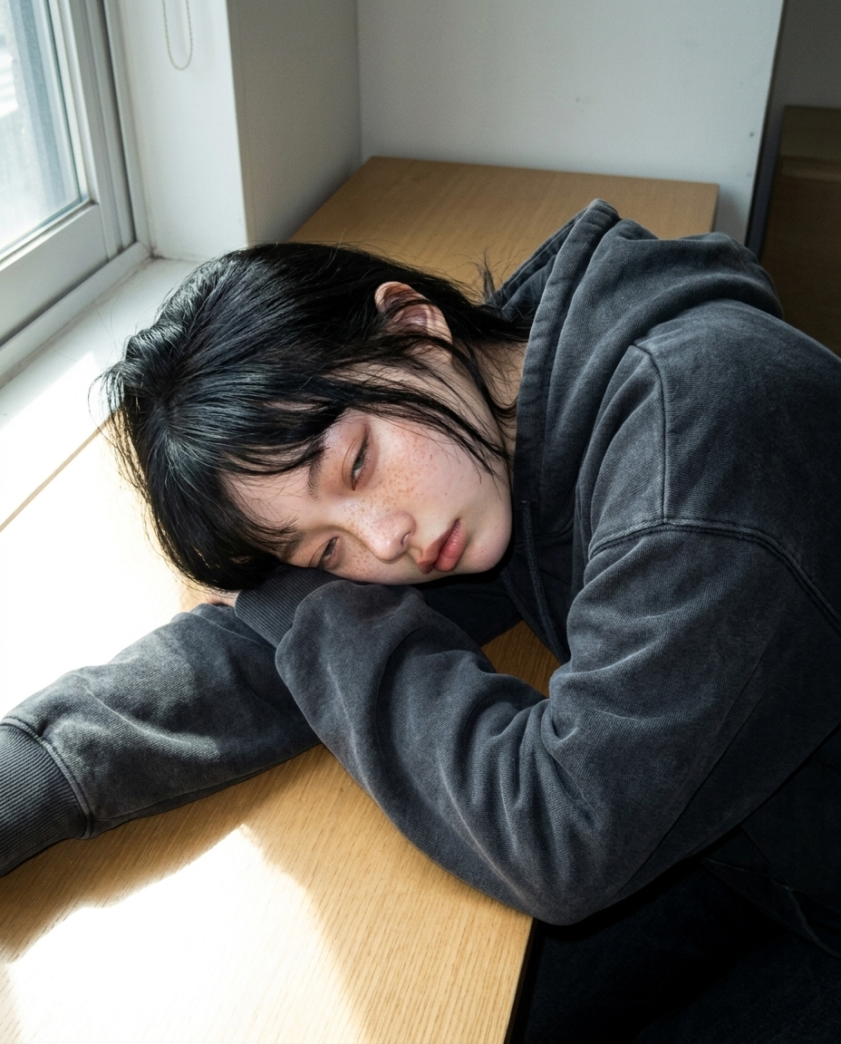 warm morning sun on saebyeok's face resting on desk, half-closed eyes