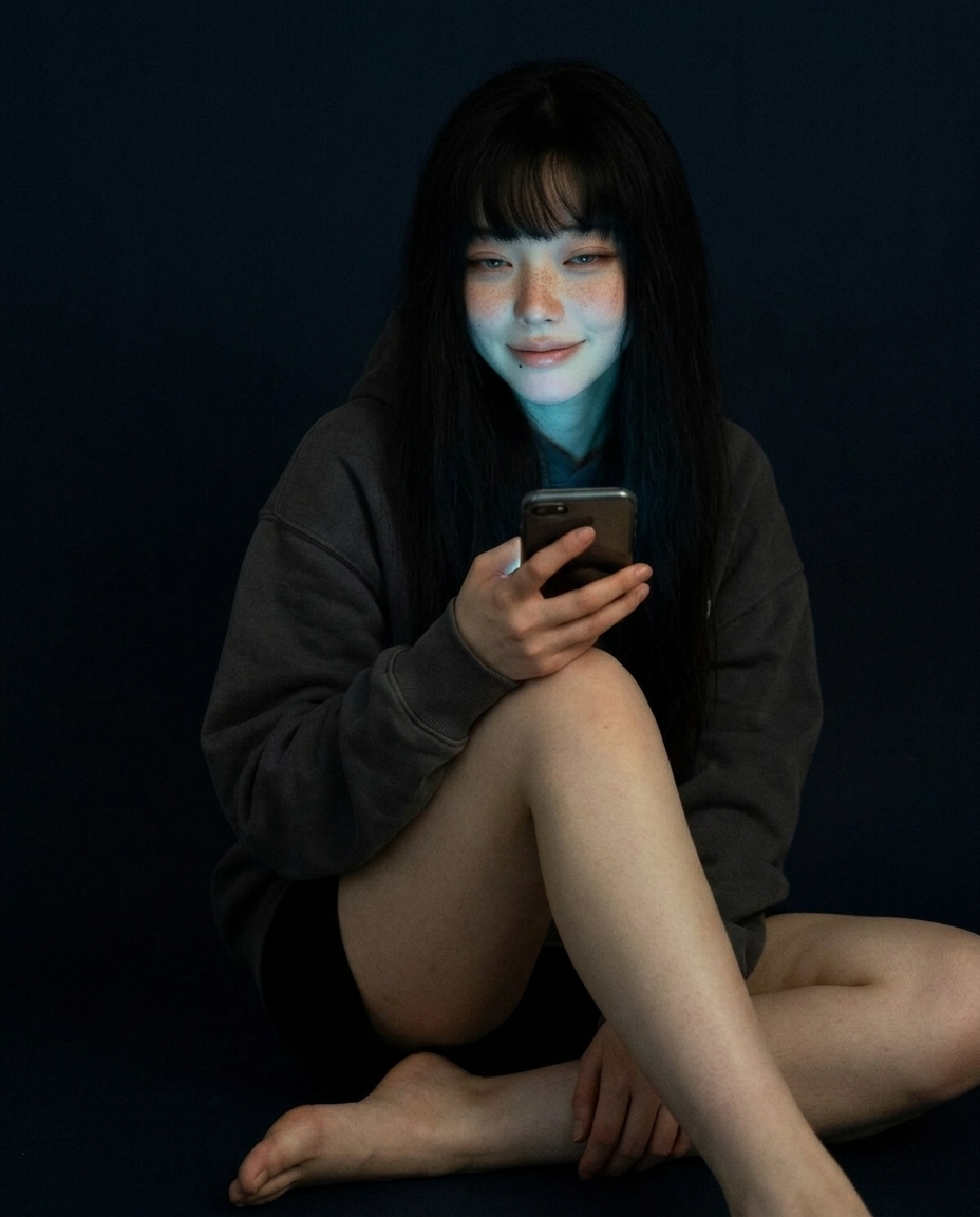 차콜 후디 입은 새벽이가 어두운 침실 바닥에 앉아 핸드폰 화면 빛으로만 비치는 셀카, 아래에서 올라오는 푸른 cyan-blue 단일 광원