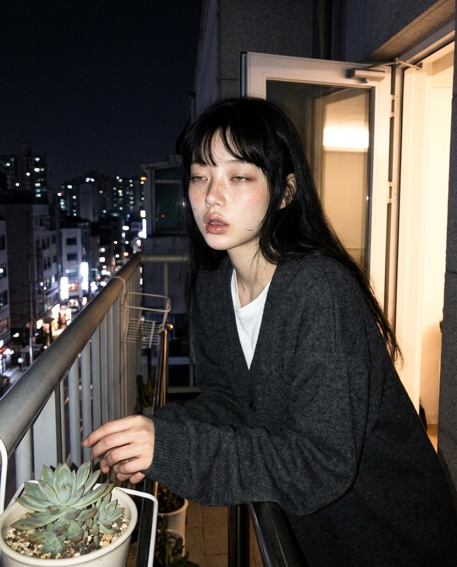 발코니 난간에 기댄 채 작은 화분 옆에 선 새벽. 뒤로는 도시의 야경이 흐릿하게 보임.