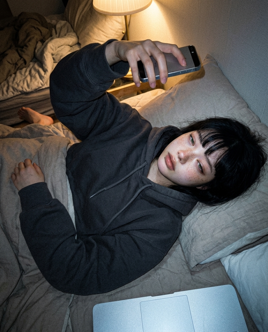 후드티 입고 침대에 누워 이불을 어깨까지 덮은 채 위에서 찍은 셀카. 노트북 화면 cool blue와 사이드 lamp warm 톤이 얼굴에 섞임.