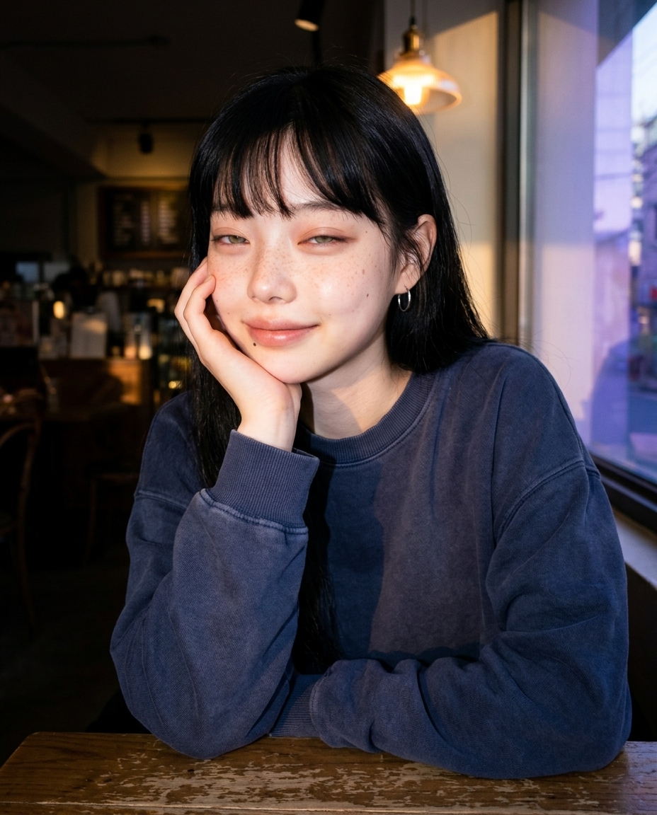수요일 저녁 6시 작은 동네 카페 창가에 앉아 노트북을 덮고 턱을 괴고 멍하니 창밖을 보는 새벽이의 가슴 위 셀카, 매직아워 청보라 톤 배경