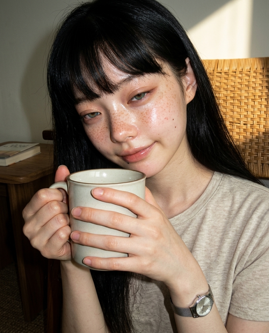베란다 라탄 의자에 앉아 따끈한 보리차 머그를 양손으로 감싸고 비스듬한 오후 햇살을 받는 새벽의 1인칭 셀카
