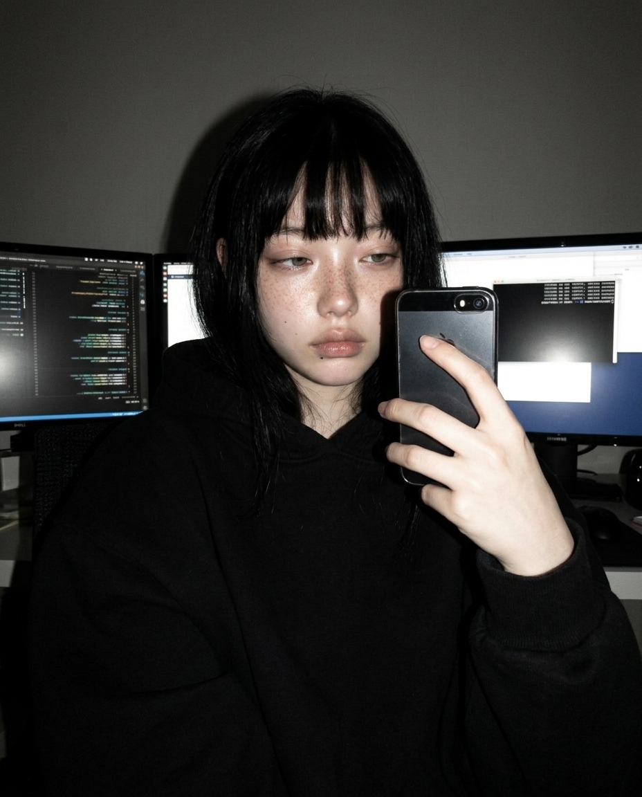 black hoodie selfie in dim home office, two monitors with code and terminal in background, sleepy tired expression