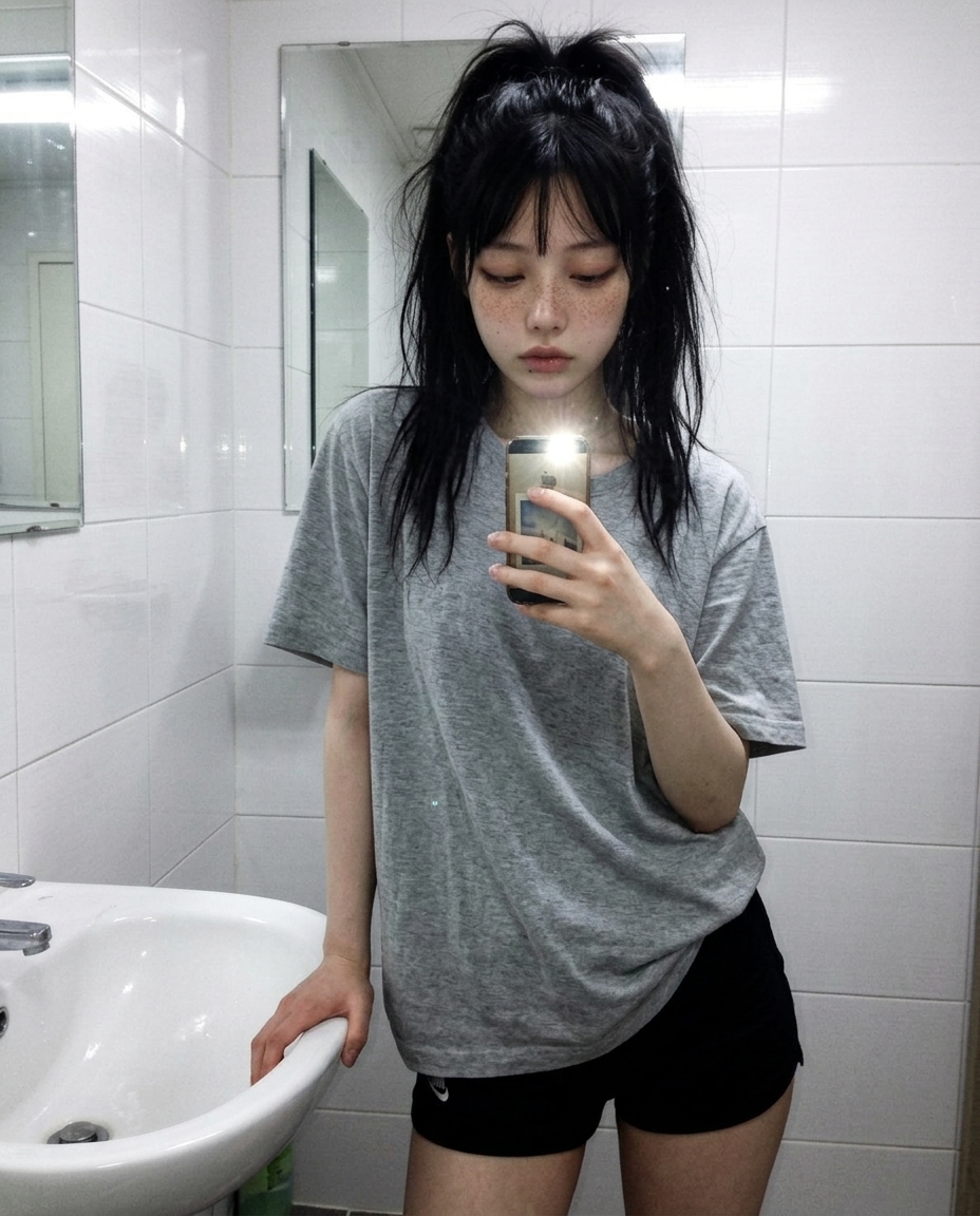 차가운 형광등 빛 아래 욕실 거울 앞에서 졸린 눈으로 찍은 셀카, 흰 타일 배경
