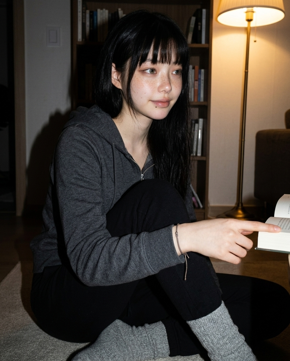 차콜 후디 차림으로 거실 책장 앞에 무릎 굽혀 책 한 권을 든 새벽이의 저녁 셀카