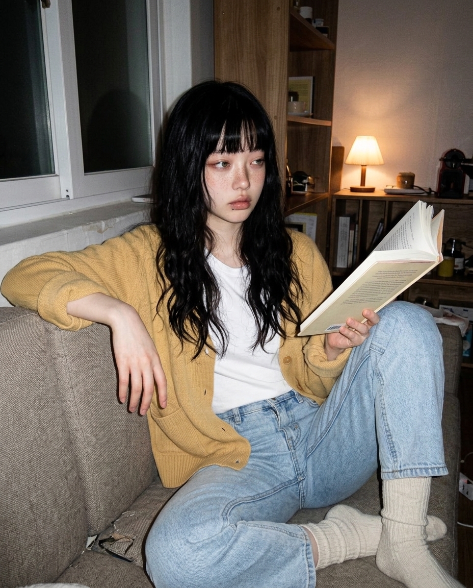 거실 소파에 비스듬히 앉아 무릎 위에 책을 절반쯤 펼친 인물, 따뜻한 황금톤 라이트