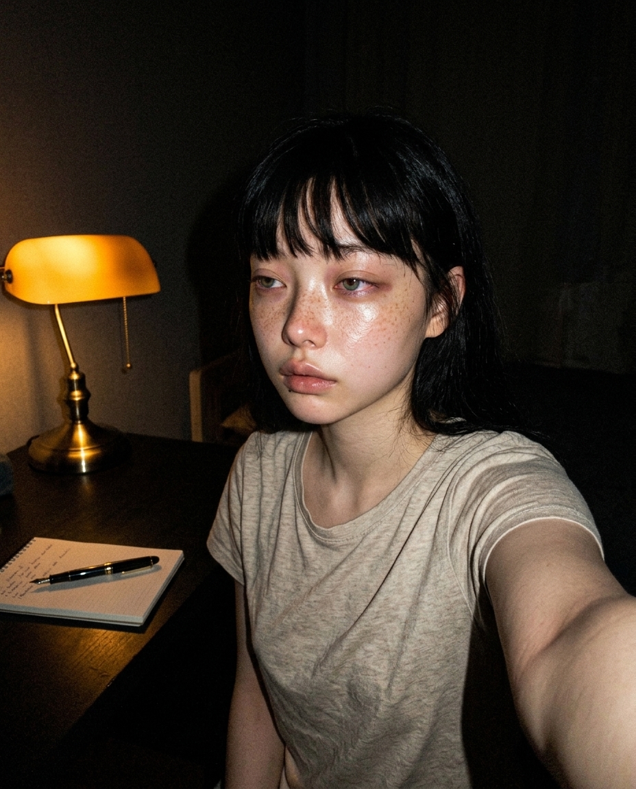 오트밀 베이지 라운드 티의 새벽이 책상 위 펼친 노트와 만년필 옆에서 데스크램프 호박빛을 한쪽 뺨에 받고 있는 일요일 새벽 2시 close-up 셀카