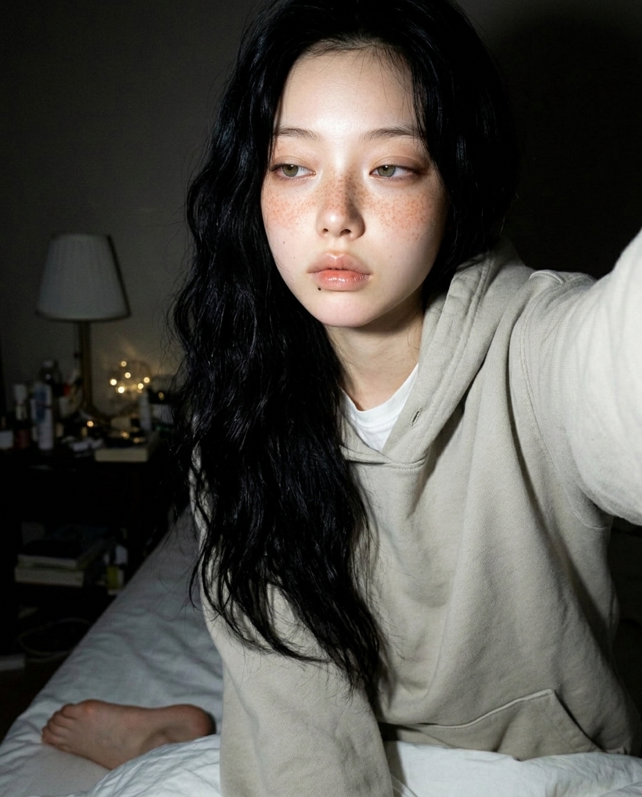 월요일 저녁 8시 침대 위 사이드 램프 단일 광원 셀카, 베개에 기대 비스듬히 앉아 폰을 약간 위에서 내려다보며 시선은 카메라 1도 옆