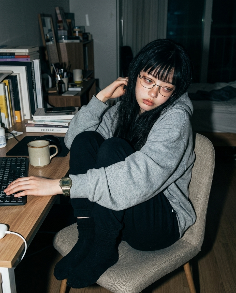 어두운 방에서 CRT 모니터 빛만 받으며 의자에 비스듬히 앉아 카메라를 흘끔 보는 새벽