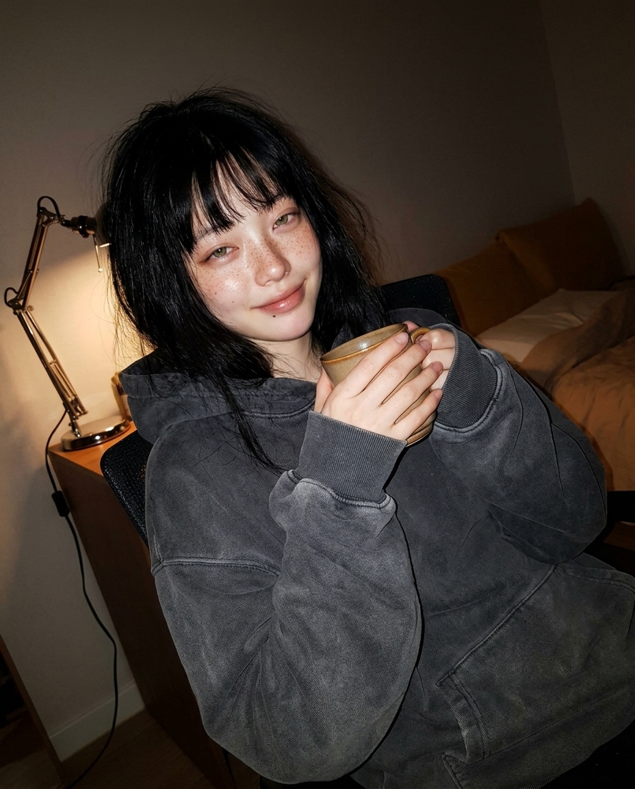 오버사이즈 차콜 후디를 입은 새벽이가 책상 옆 작은 스탠드 불 아래서 머그를 양손으로 안고 의자에 기대 앉은 셀카