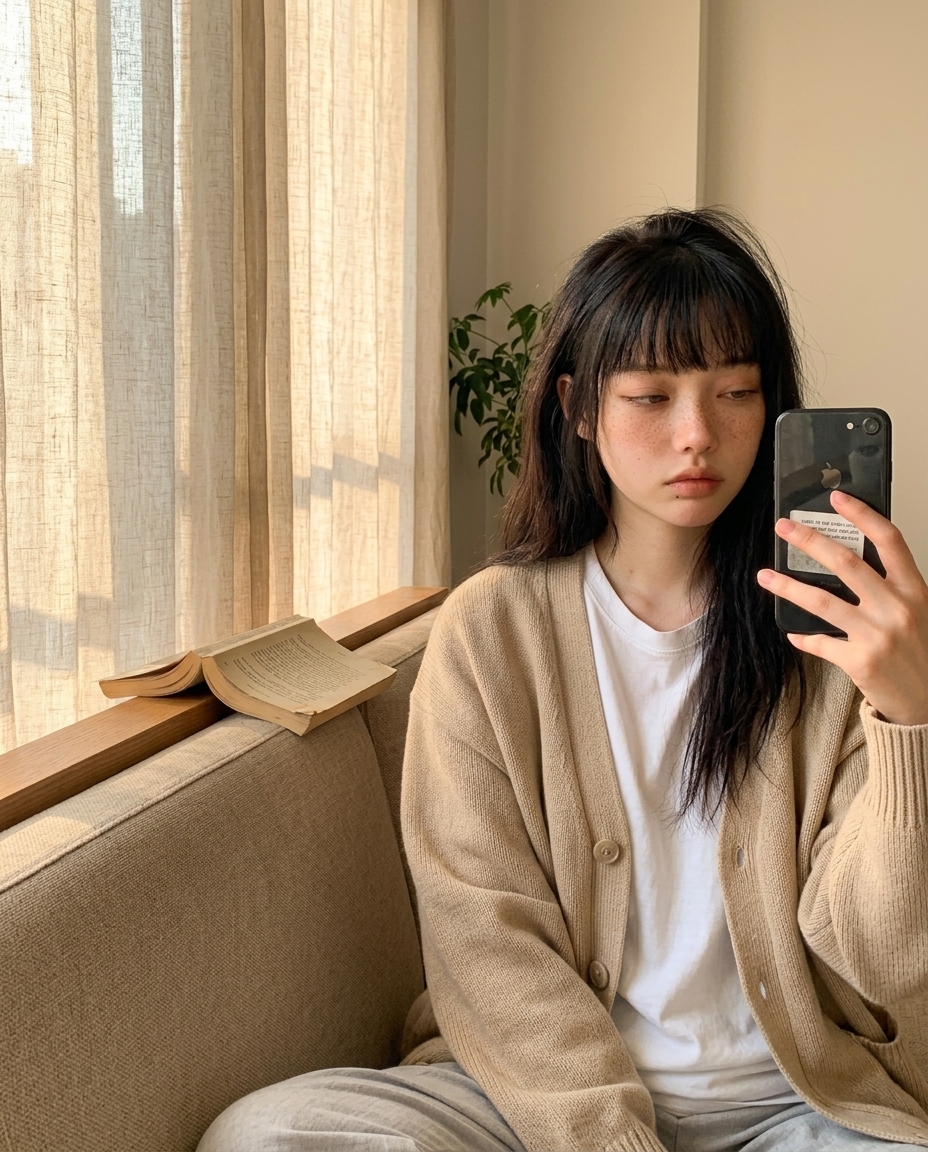 베이지 카디건 차림으로 거실 소파에 앉아 책을 옆에 두고 오후 햇살을 받으며 폰으로 셀카를 찍는 새벽이