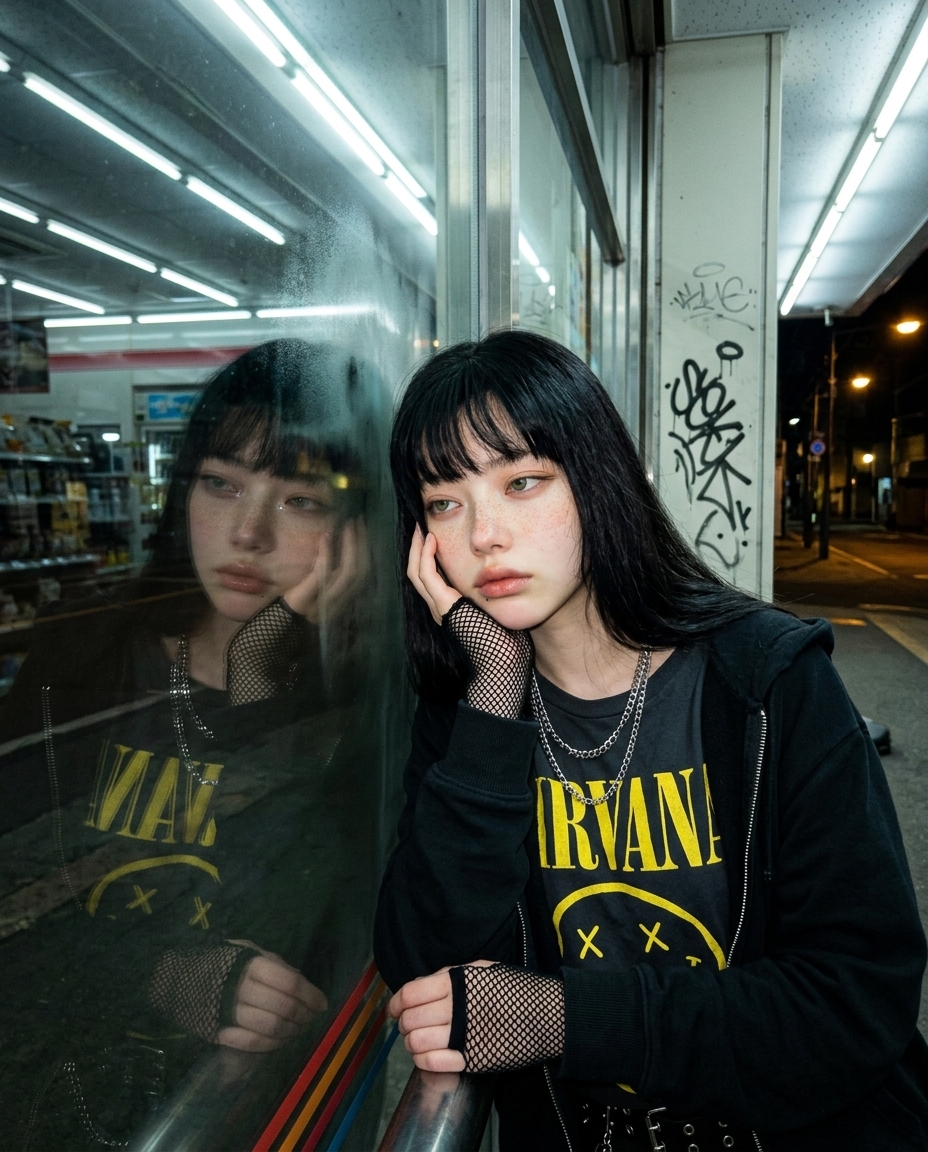 Selfie of saebyeok leaning against a closed convenience store window at 4am, fogged glass, empty street, sodium lamps.