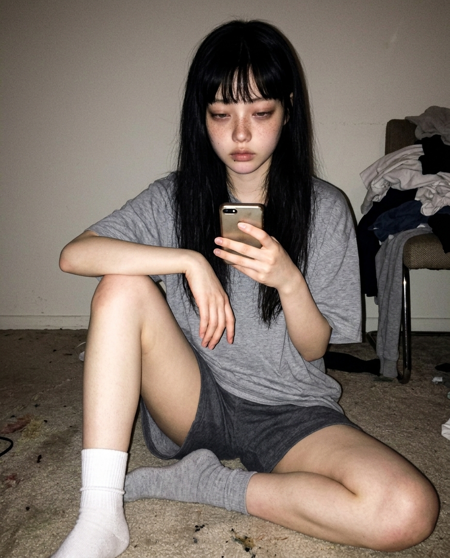 거실 카펫 바닥에 앉아 반쯤 개다 만 빨래 옆에서 폰 든 셀카, 따뜻한 오후 햇살 사선