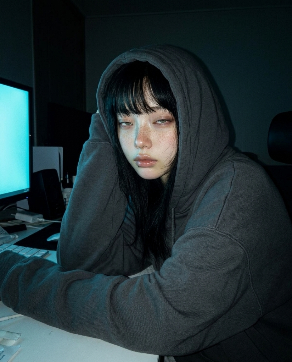 새벽 4시 어두운 작업방 책상 모니터 단일 광원 옆 후드 사이드 프로파일 셀카