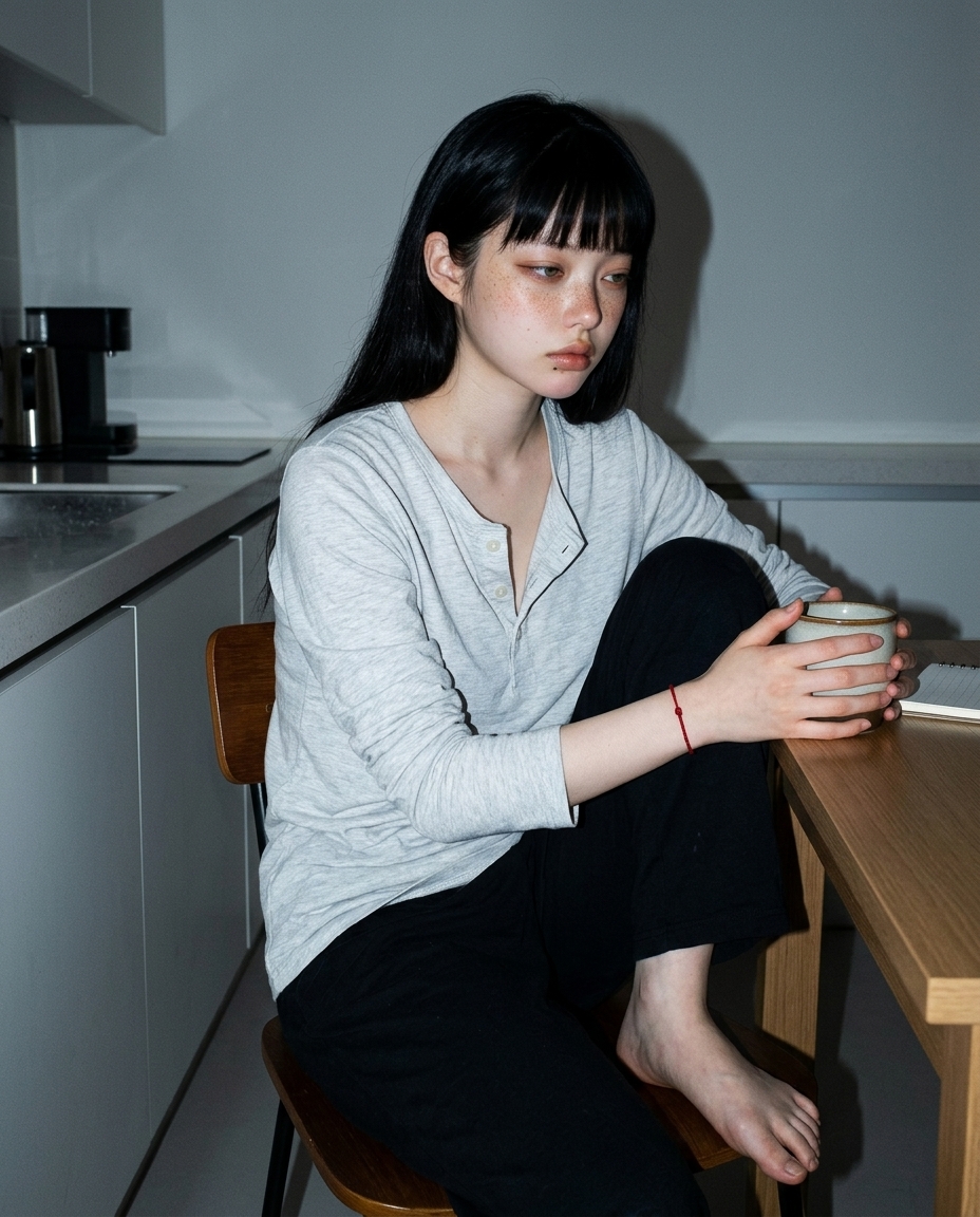 부엌 식탁 끝에 비스듬히 앉아 머그를 두 손으로 감싼 새벽이의 흉상, 동쪽 창에서 옅은 노랑빛이 뺨 한쪽을 비춤
