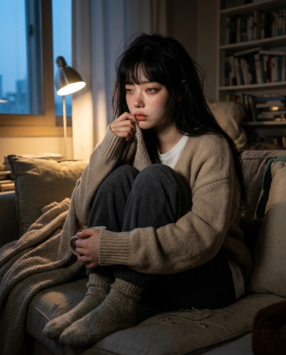 거실 안락의자에 무릎 끌어안고 앉아 사이드 램프 하나만 켜둔 새벽 네시의 새벽이