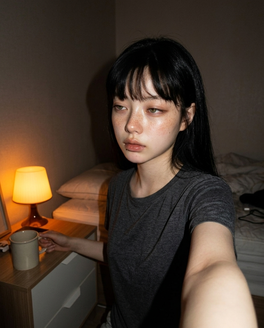 차콜 그레이 라운드 티 단독, 사이드테이블 위 머그잔, 호박빛 무드등, selfie POV
