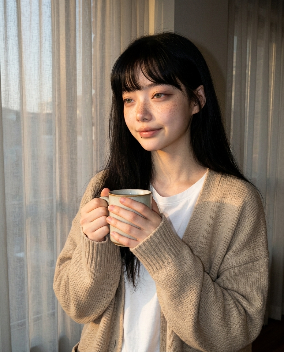 saebyeok holding ceramic mug by living room window in golden morning sunlight, beige oversized cardigan