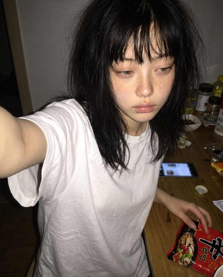 정오 햇살이 비치는 식탁 위 라면 봉지 옆에서 무표정으로 셀카를 찍는 모습