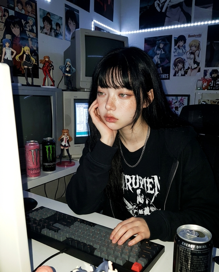 saebyeok at desk past midnight, monitor reflection on glasses