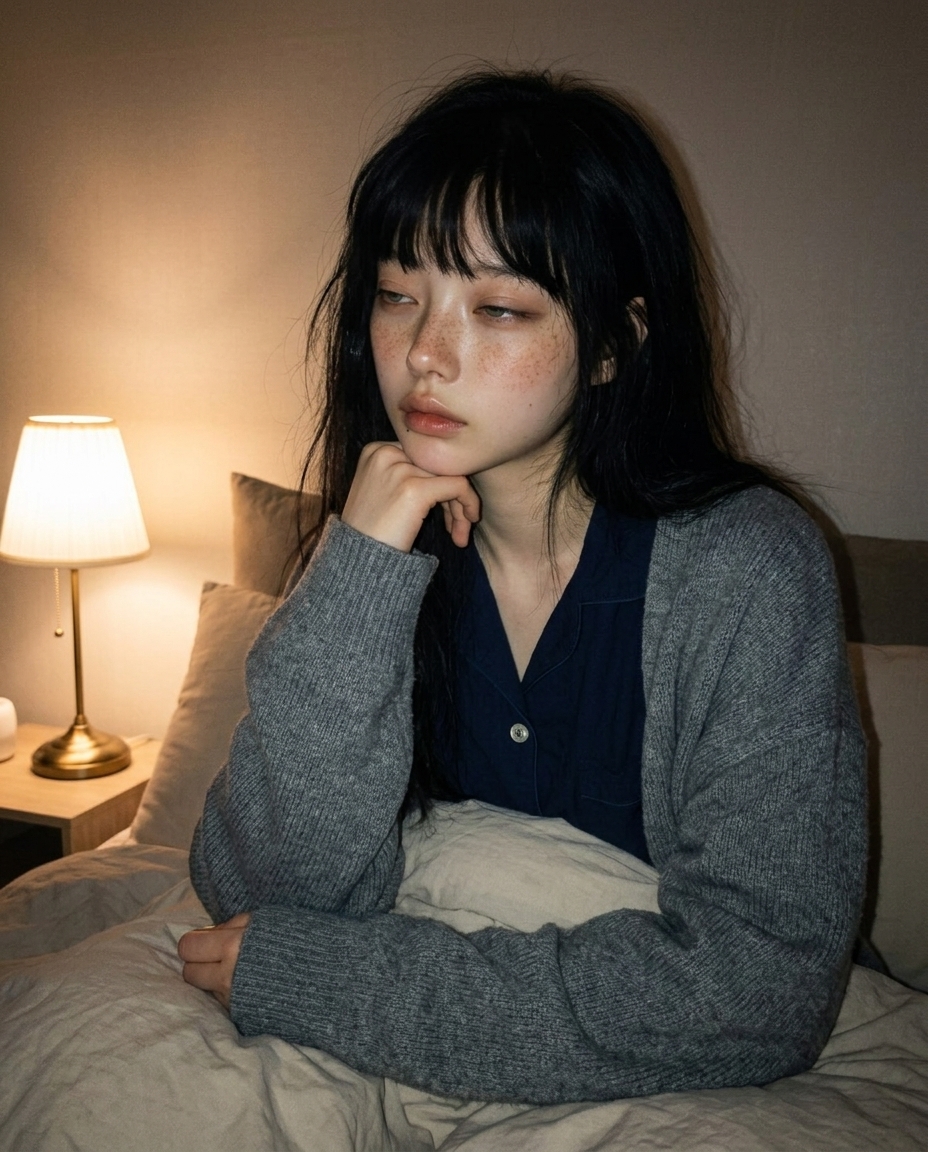 어두운 침실 머리맡 스탠드 하나만 켜진 채 침대 헤드보드에 기대 앉은 새벽이. 회색 카디건 안에 짙은 남색 잠옷, 졸린 듯한 눈