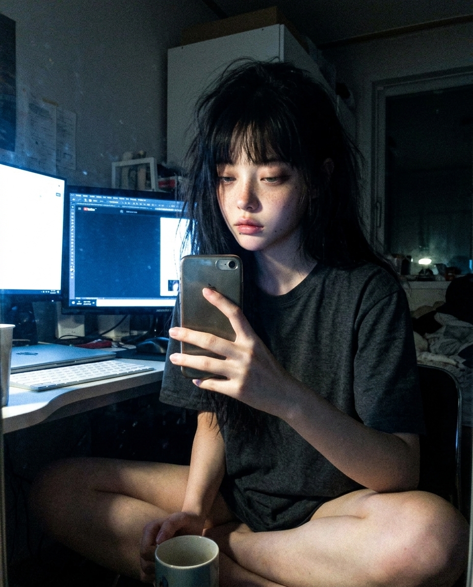 어두운 방에서 모니터 빛 받은 새벽이 책상 앞 셀카