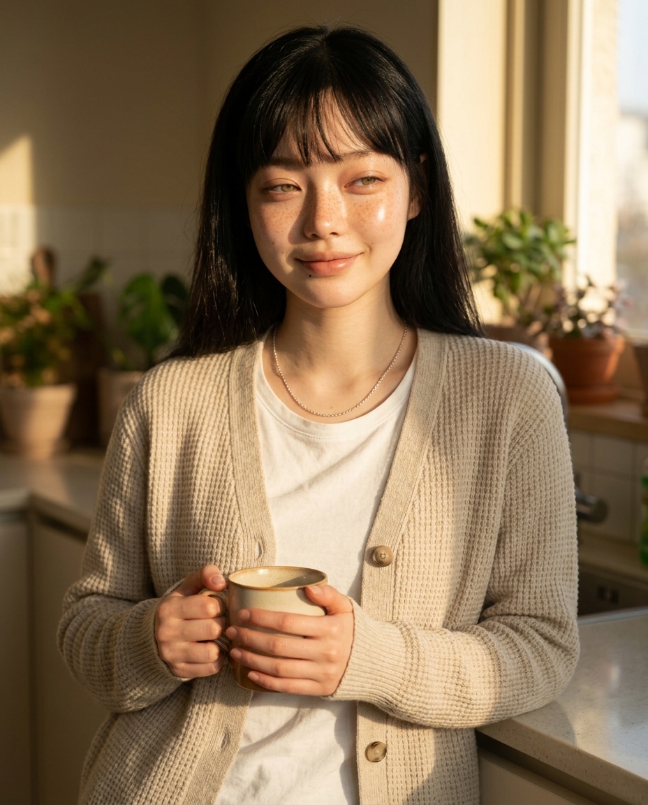부엌 창가에서 따뜻한 홍차 머그를 양손으로 감싸고 있는 16시 셀카