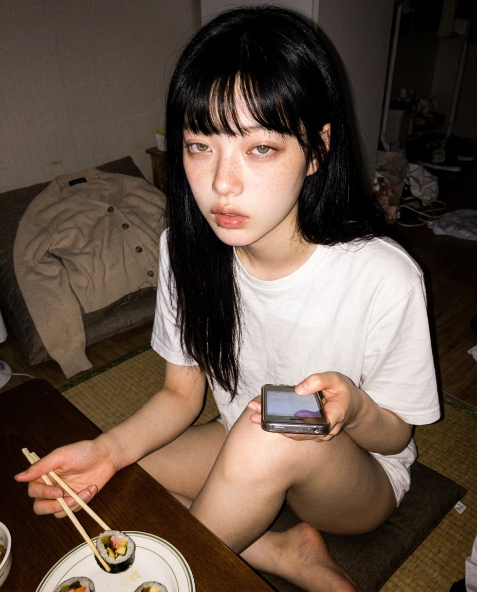 정오 거실 좌식 상에 김밥 한 줄, 단무지 두 조각, 보리차 컵. 흰 티 차림으로 폰 셀카. 정면 창에서 자연광.