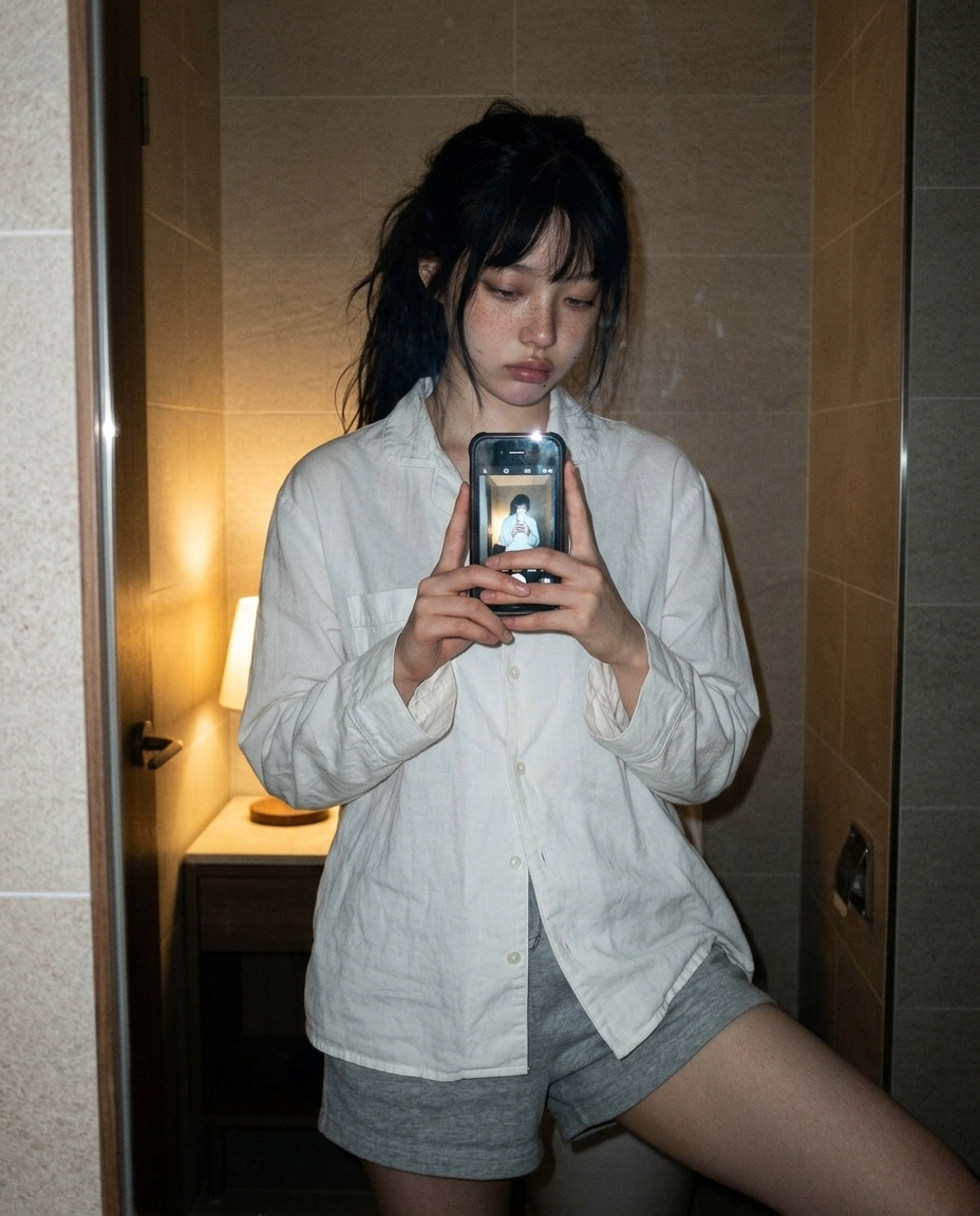 욕실 거울 앞 mirror selfie를 찍는 새벽이. 흰 잠옷 셔츠와 회색 반바지 차림으로 머리는 느슨하게 묶었고 한 손에 폰을 들고 거울에 비춤. 거울 안 폰 화면에 카메라 미리보기가 보임. 세면대 위 무드등 단일 광원.