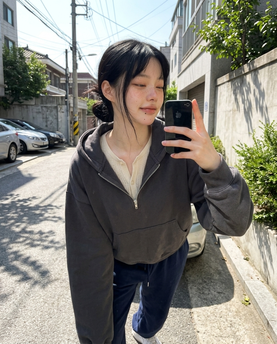 운동복 후드 카디건에 머리 묶은 새벽, 골목 담벼락 옆에서 햇살 받으며 셀카